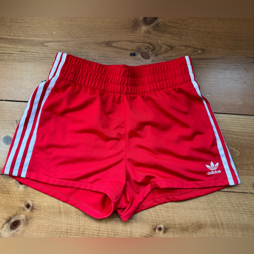 adidas Women's Red Athletic Shorts with White Stripes